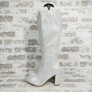NEW Top Moda Rhinestone Silver Pointy Toe Block Heel Knee High Boots i150